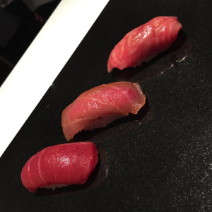 Different cuts of tuna nigiri at Sushi Nakazawa in NYC. - Julia Zhang 