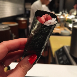 Tuna hand roll at Sushi Nakazawa in New York. - Julia Zhang